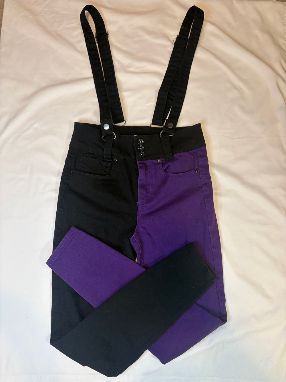 Hot Topic Denim Black and Purple Gothic Whimsy Goth Color Block Suspender Jeans